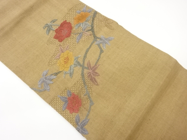 JAPANESE NAGOYA OBI / TSUMUGI / EMBROIDERY / FLORAL PLANTS